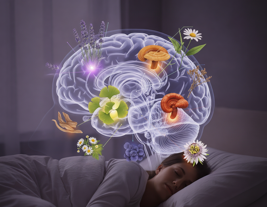 Ilustración de descanso: cerebro y botánicos que apoyan Dulces Sueños